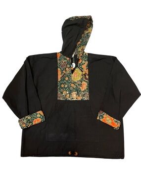 Black Cotton Hoodie with Green & Orange Floral Trim NWT